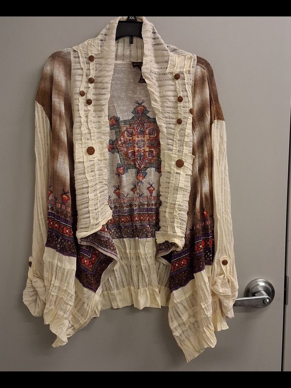 Cream & Brown Boho Ruffled Open Cardigan with Aztec Print 3X